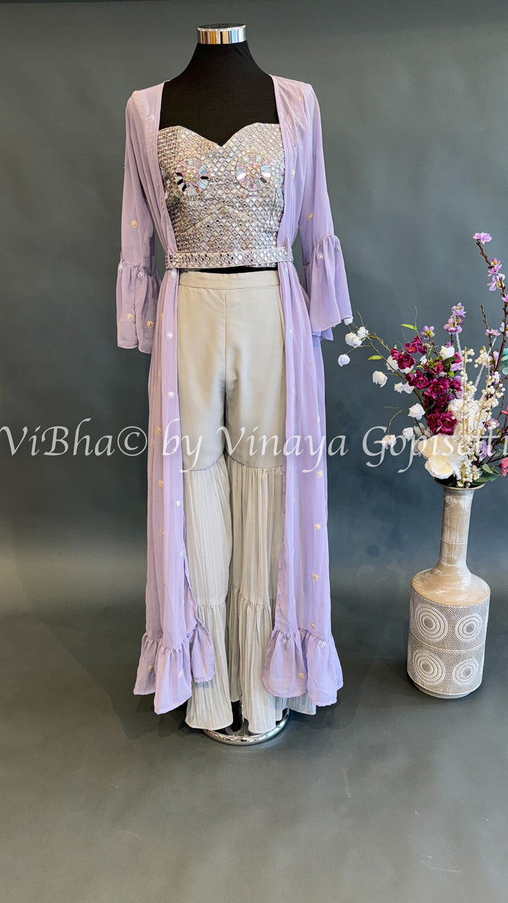 Lavender and Ash Embroidered Sharara Set with Detachable Jacket and belt