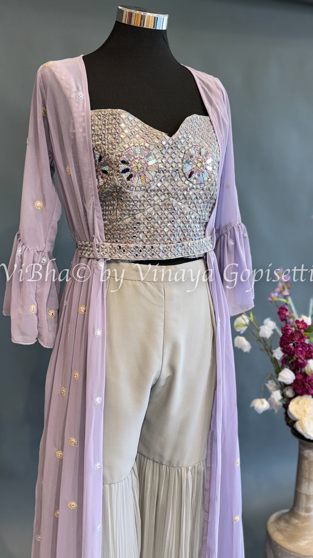 Lavender and Ash Embroidered Sharara Set with Detachable Jacket and belt