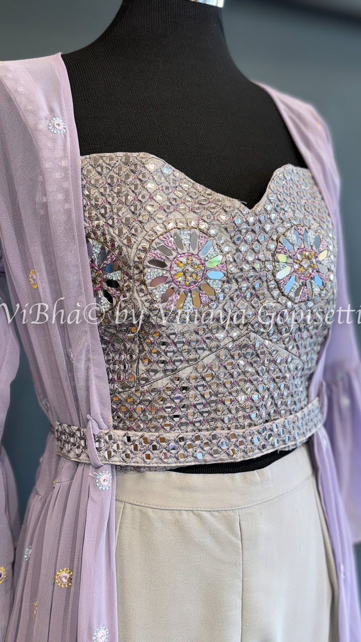 Lavender and Ash Embroidered Sharara Set with Detachable Jacket and belt