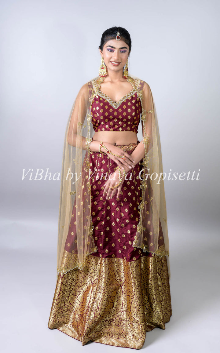 Chestnut Banarasi Silk Lehenga and Net Embroidered Dupatta