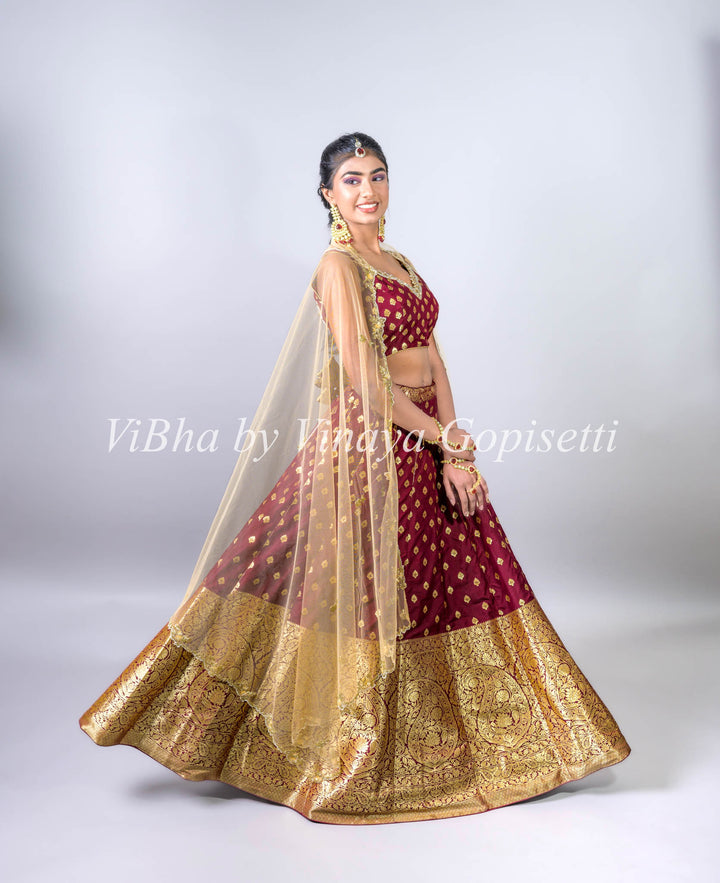 Chestnut Banarasi Silk Lehenga and Net Embroidered Dupatta