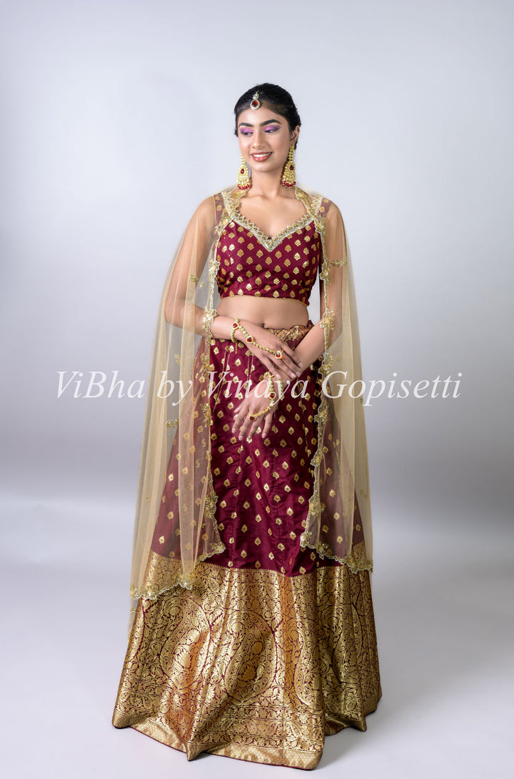 Chestnut Banarasi Silk Lehenga and Net Embroidered Dupatta