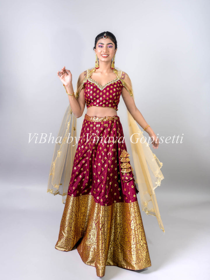 Chestnut Banarasi Silk Lehenga and Net Embroidered Dupatta