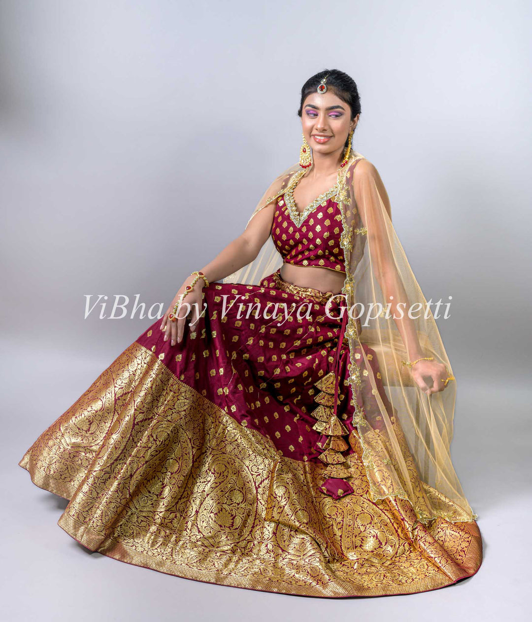 Chestnut Banarasi Silk Lehenga and Net Embroidered Dupatta