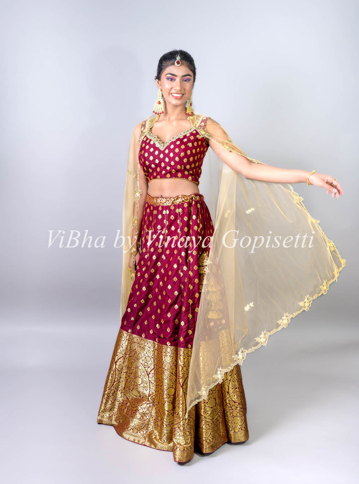 Chestnut Banarasi Silk Lehenga and Net Embroidered Dupatta