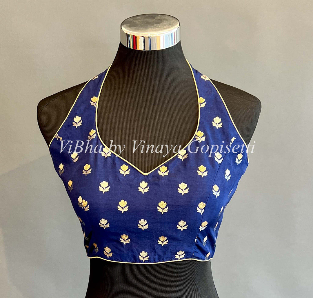 Blue Benares Silk Halter Neck Blouse