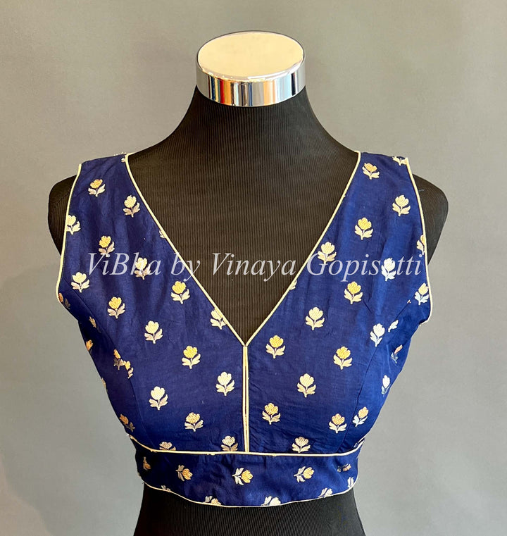 Blue Benares Silk Sleeveless Blouse