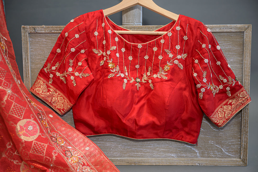 Red Bandhani Embroidered Saree And Blouse