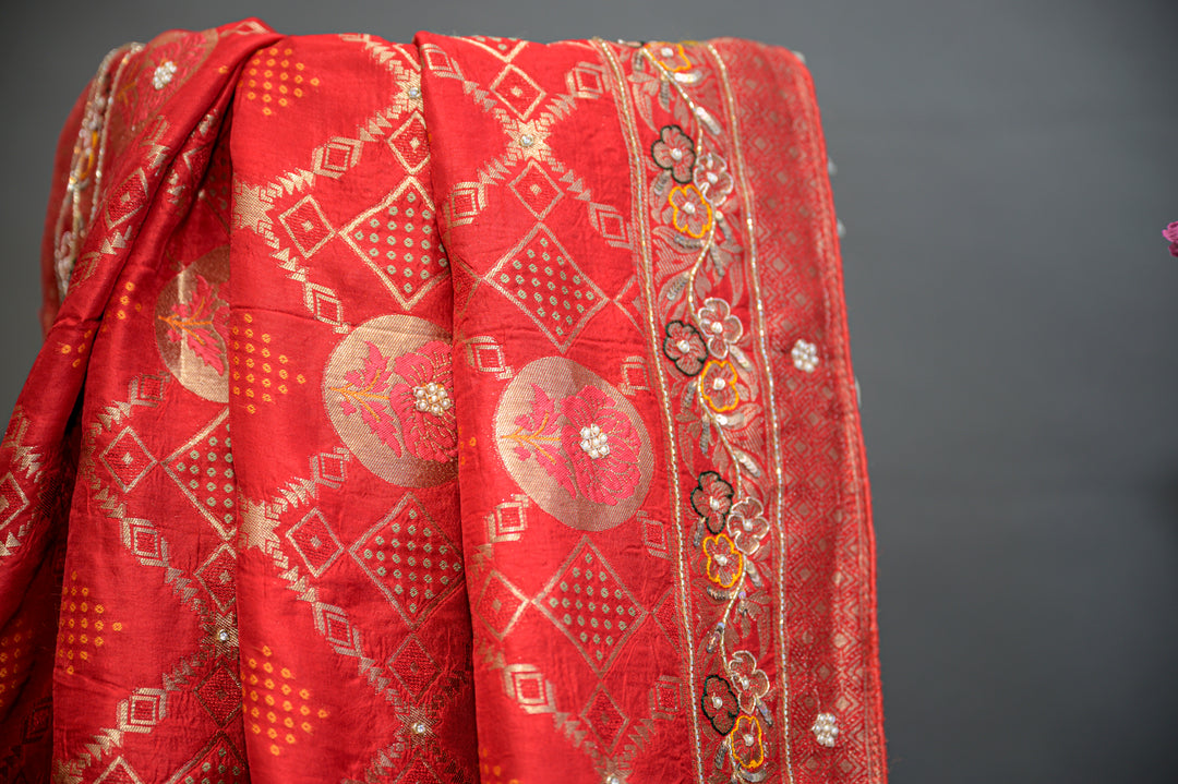 Red Bandhani Embroidered Saree And Blouse