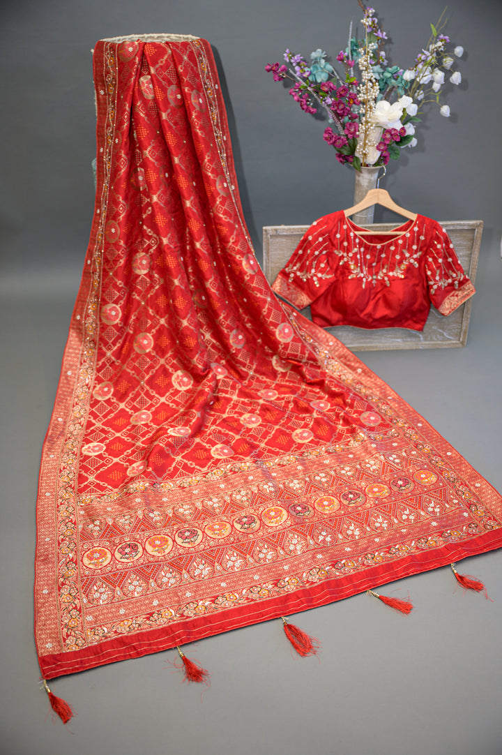 Red Bandhani Embroidered Saree And Blouse