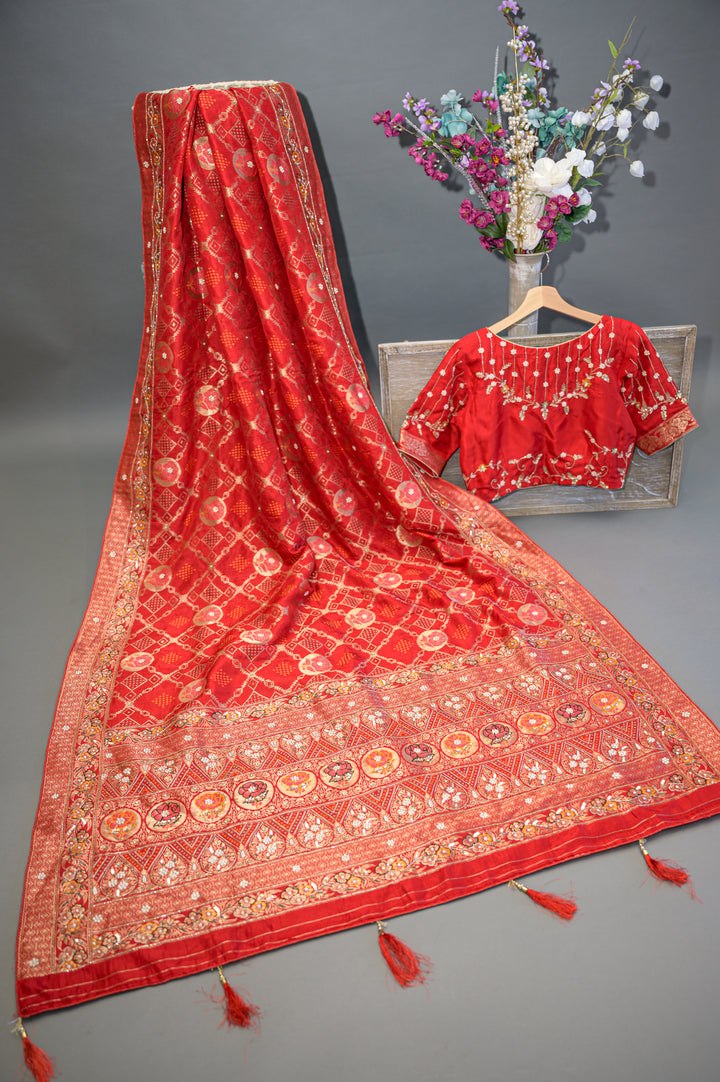 Red Bandhani Embroidered Saree And Blouse