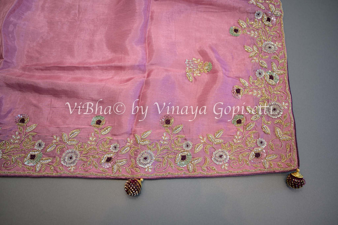 Pink And Wine Embroidered Silk Saree And Blouse