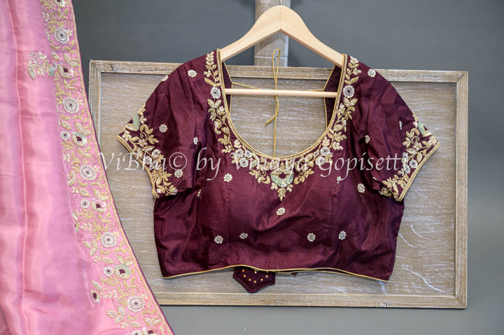 Pink And Wine Embroidered Silk Saree And Blouse