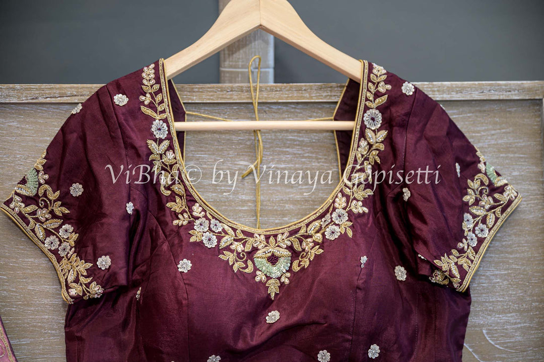 Pink And Wine Embroidered Silk Saree And Blouse