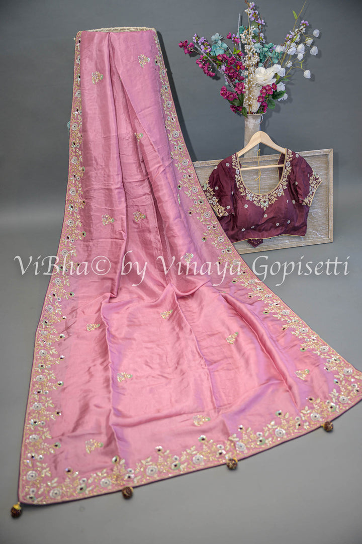 Pink And Wine Embroidered Silk Saree And Blouse