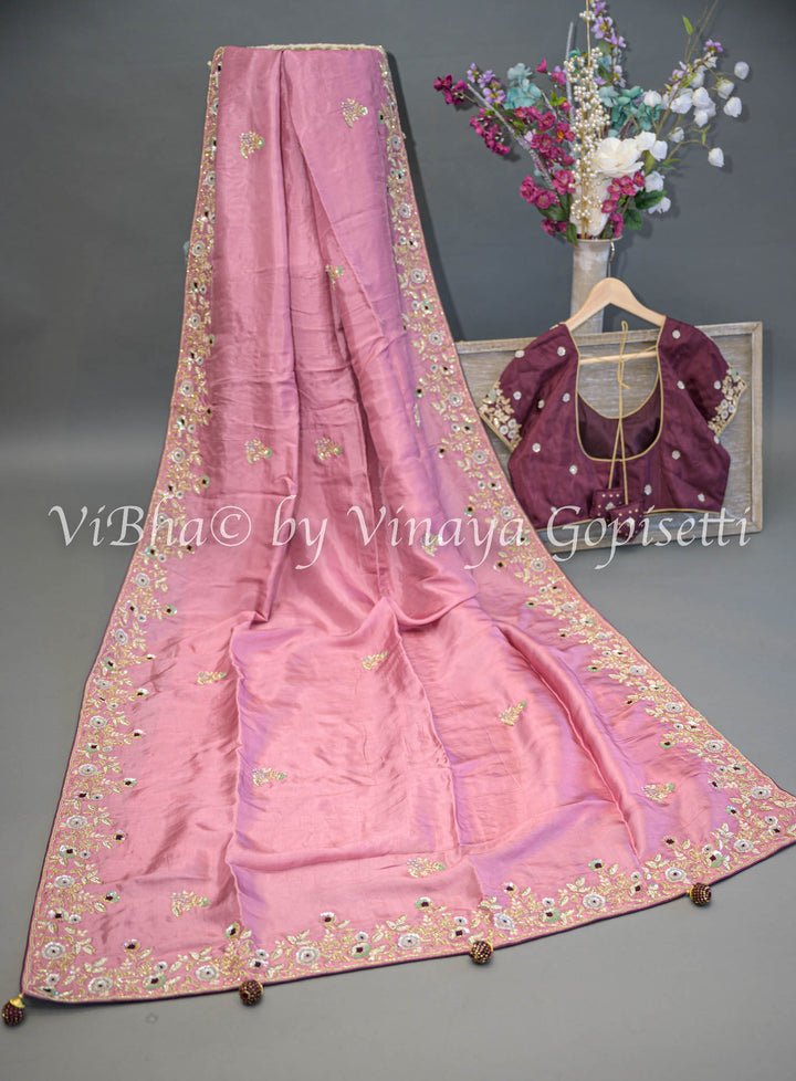 Pink And Wine Embroidered Silk Saree And Blouse