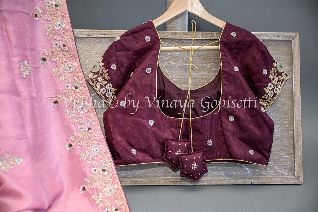 Pink And Wine Embroidered Silk Saree And Blouse