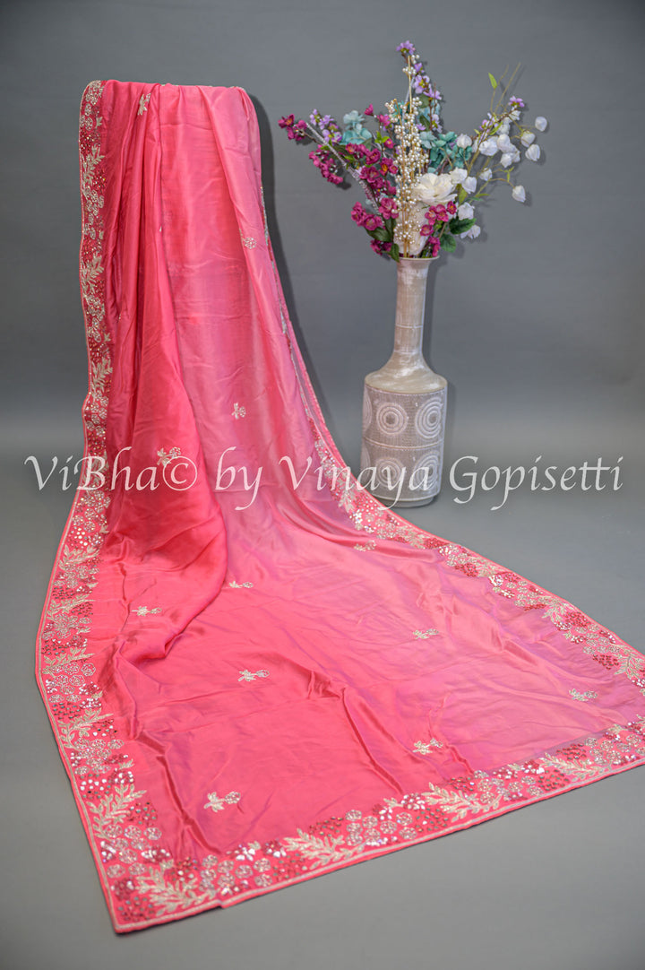 Dark Peach Embroidered Organza Saree And Blouse