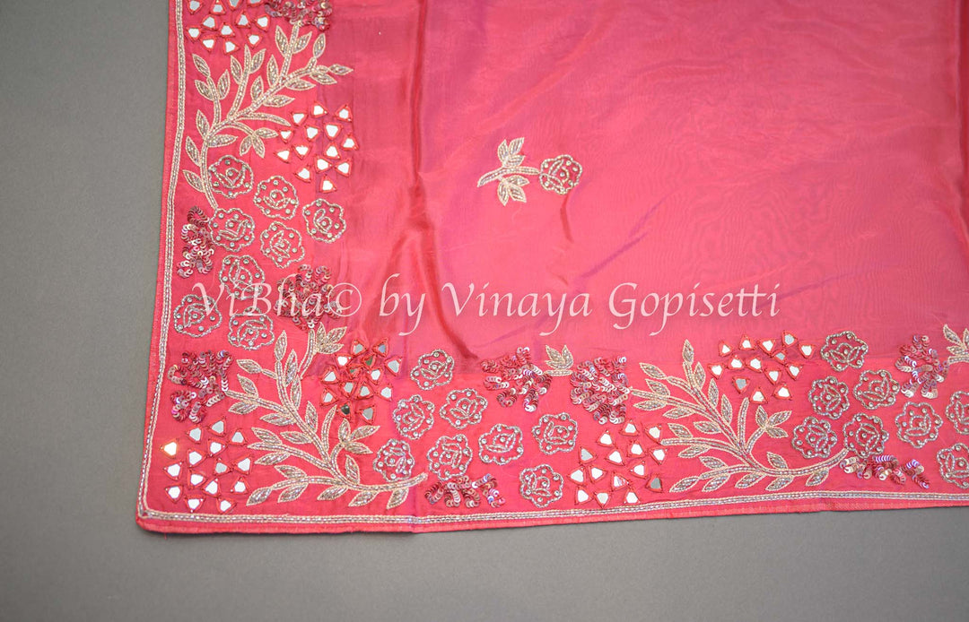 Dark Peach Embroidered Organza Saree And Blouse