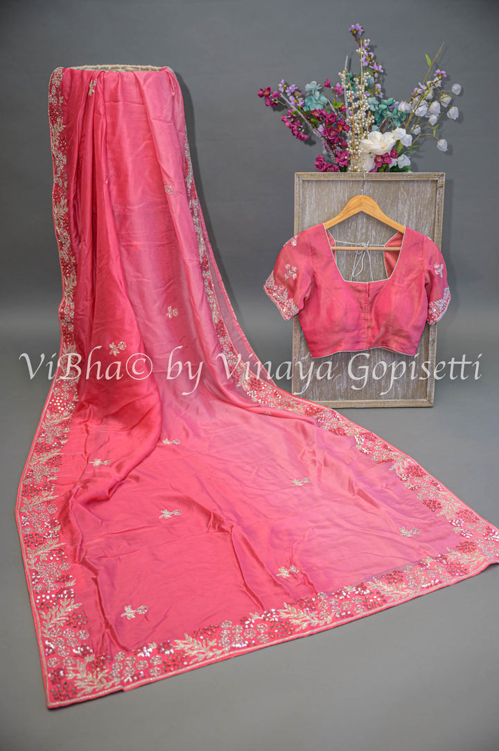 Dark Peach Embroidered Organza Saree And Blouse