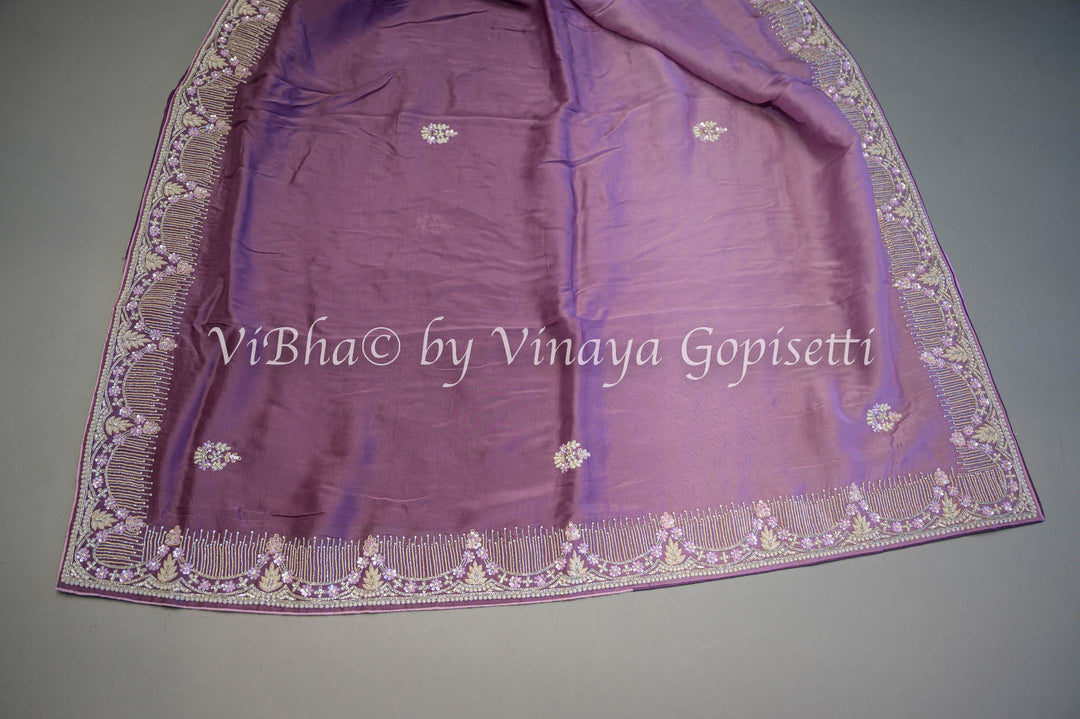 Dark Mauve Embroidered Organza Saree And Blouse