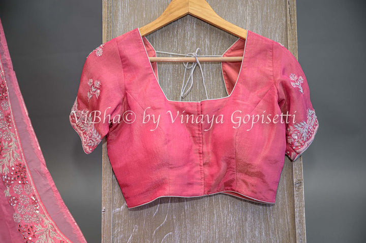 Dark Peach Embroidered Organza Saree And Blouse