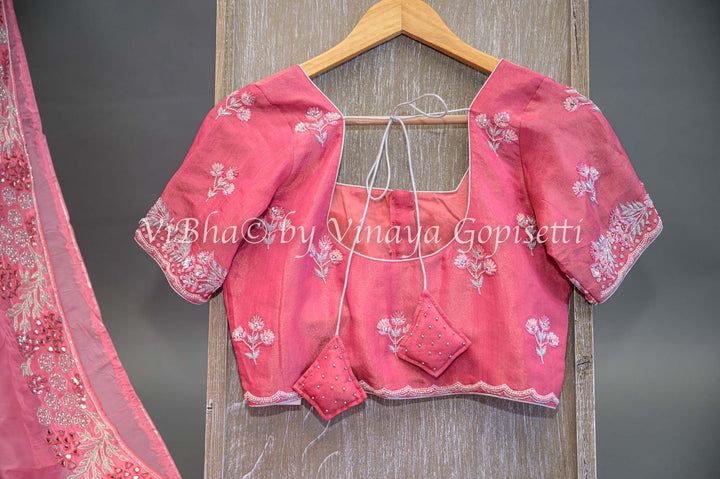 Dark Peach Embroidered Organza Saree And Blouse