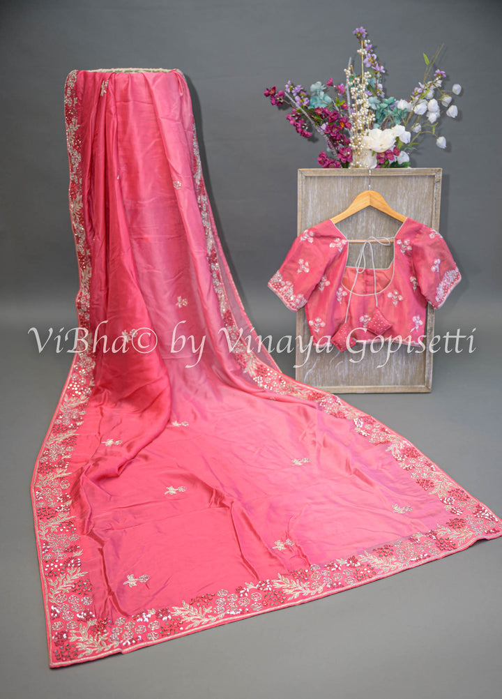 Dark Peach Embroidered Organza Saree And Blouse