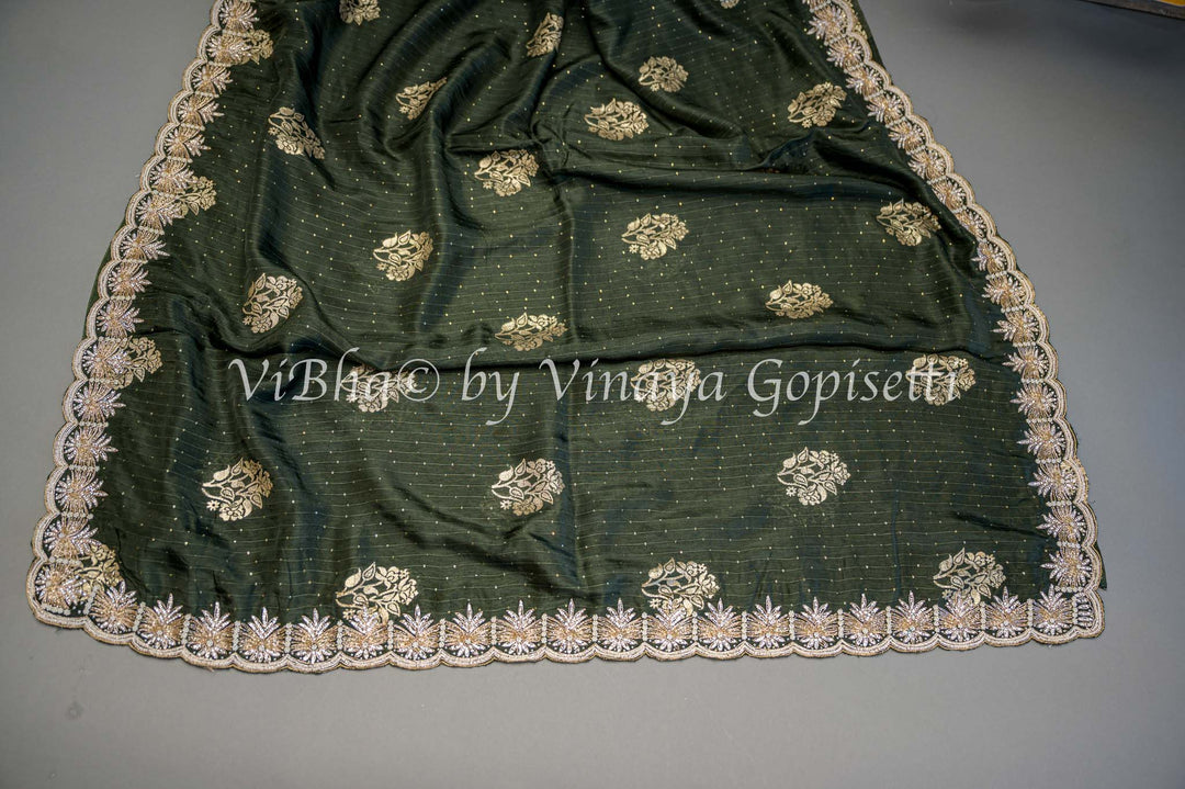 Green And Yellow Embroidered Silk Saree and Blouse