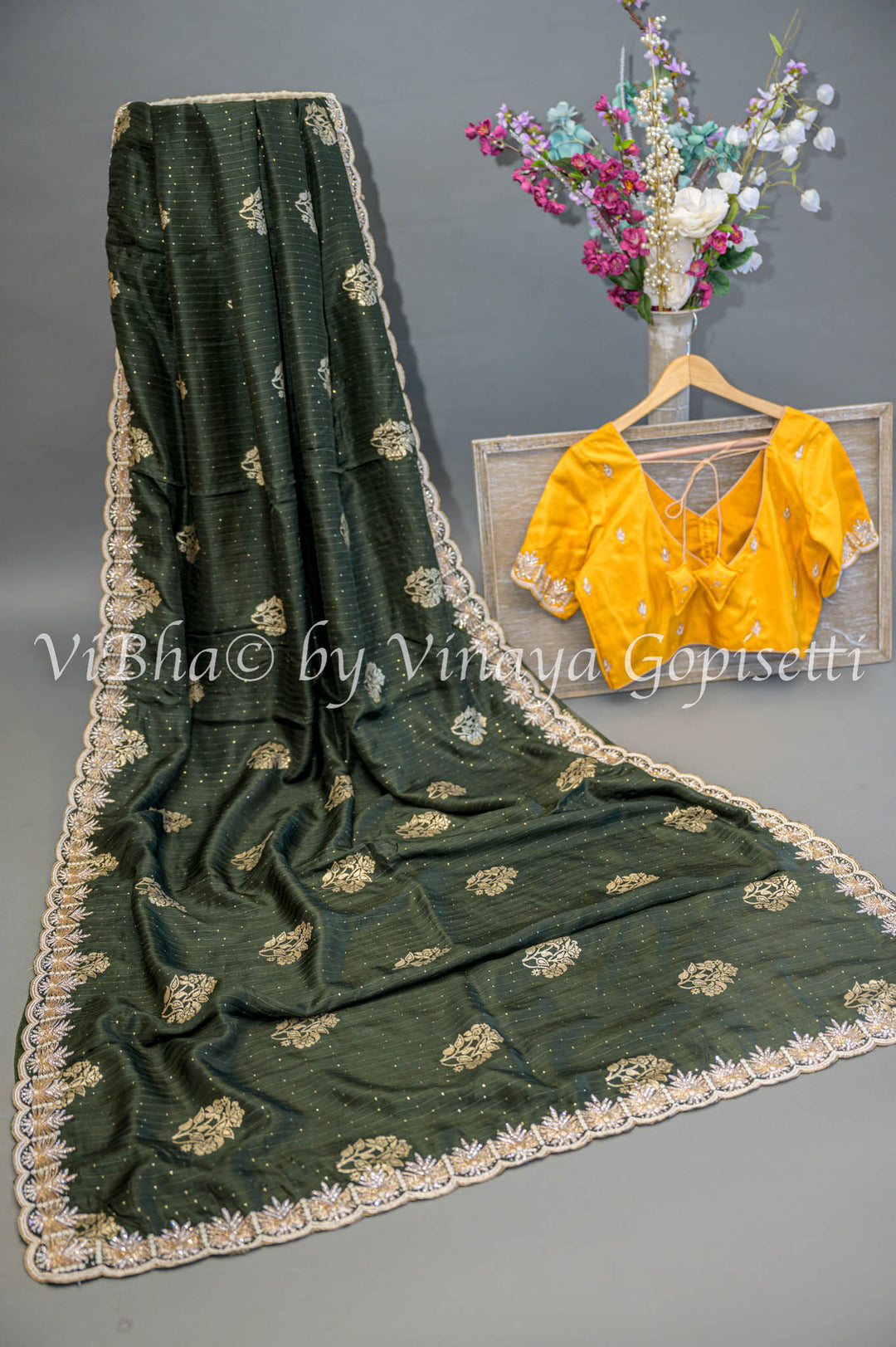 Green And Yellow Embroidered Silk Saree and Blouse