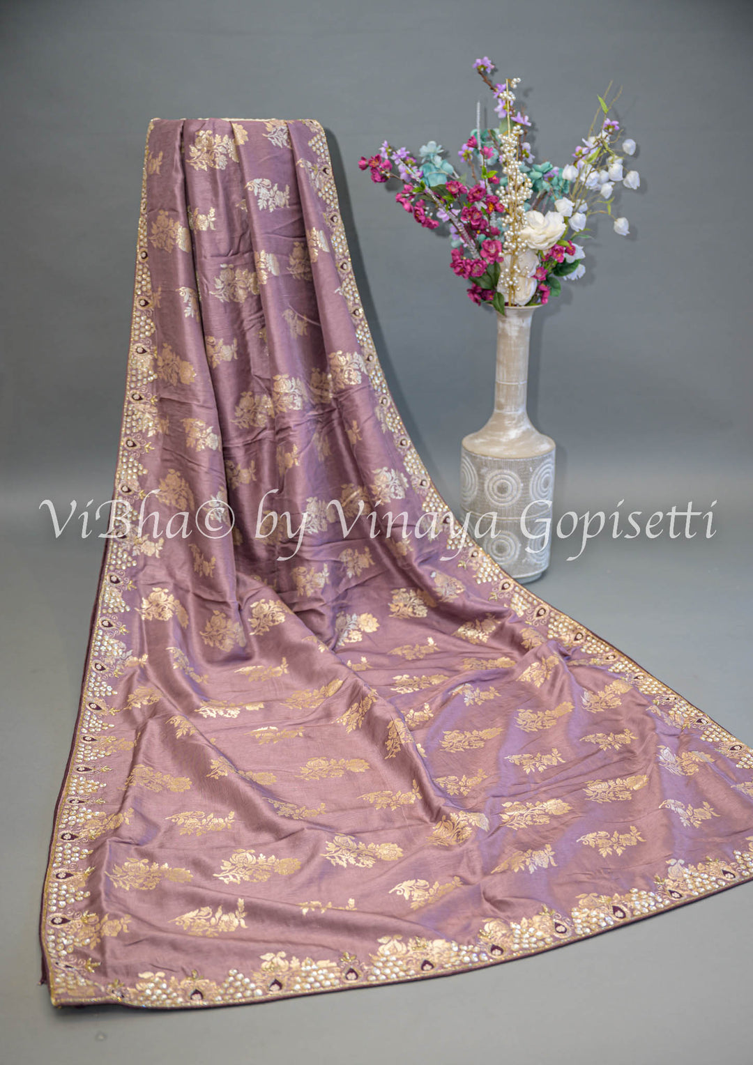 Dark Mauve and Wine Embroidered Silk Saree and Blouse