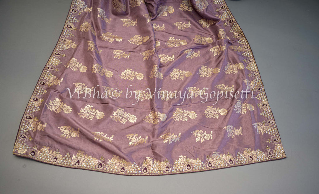 Dark Mauve and Wine Embroidered Silk Saree and Blouse