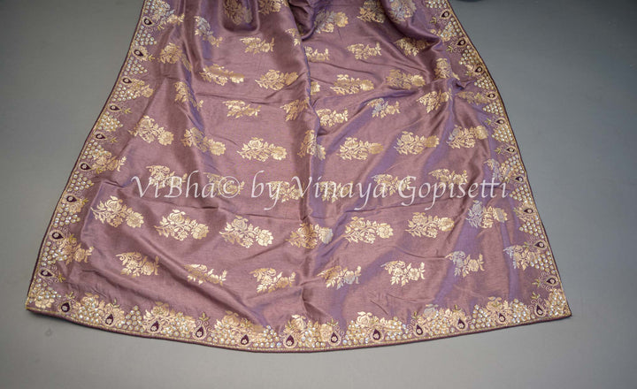 Dark Mauve and Wine Embroidered Silk Saree and Blouse