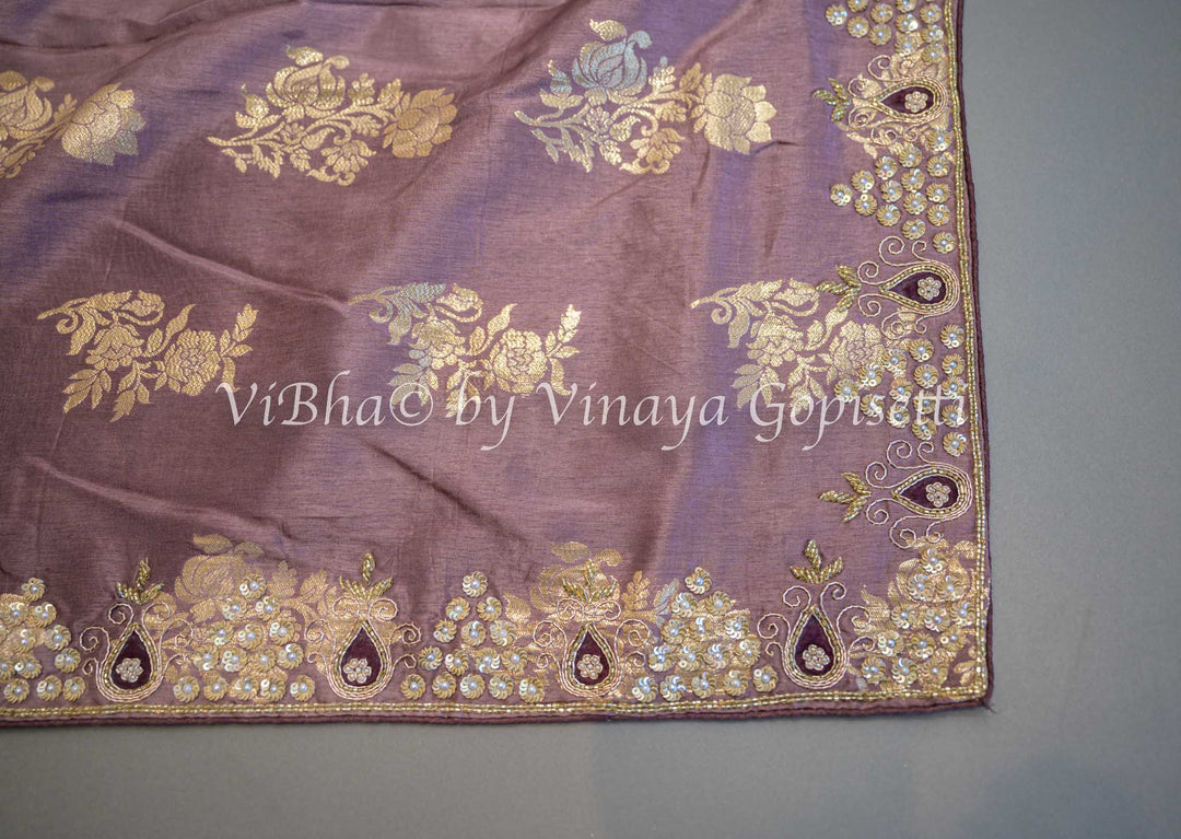 Dark Mauve and Wine Embroidered Silk Saree and Blouse