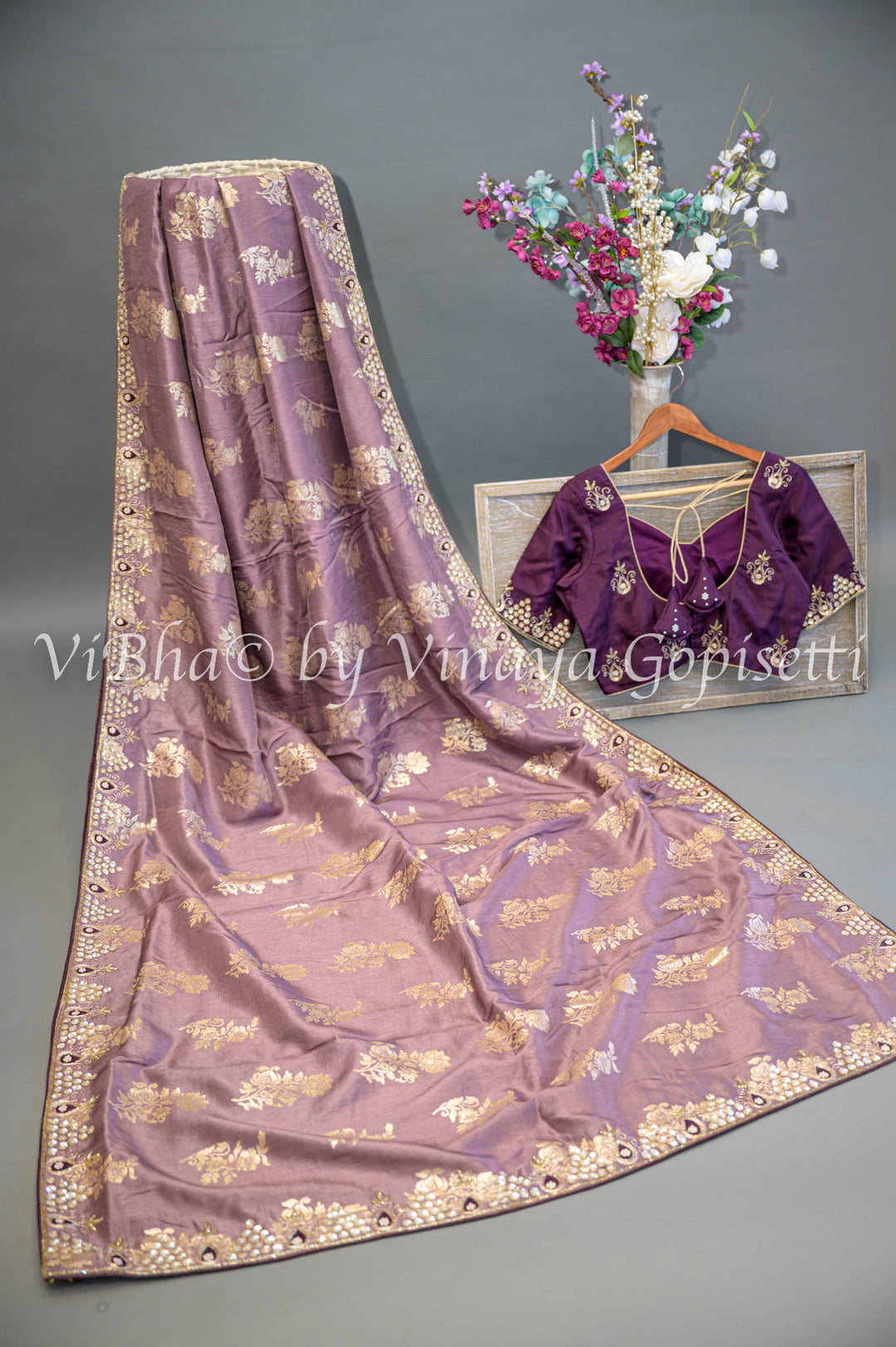 Dark Mauve and Wine Embroidered Silk Saree and Blouse