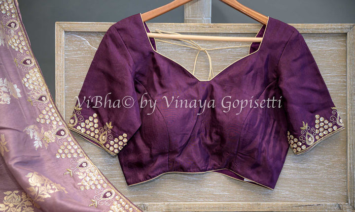 Dark Mauve and Wine Embroidered Silk Saree and Blouse