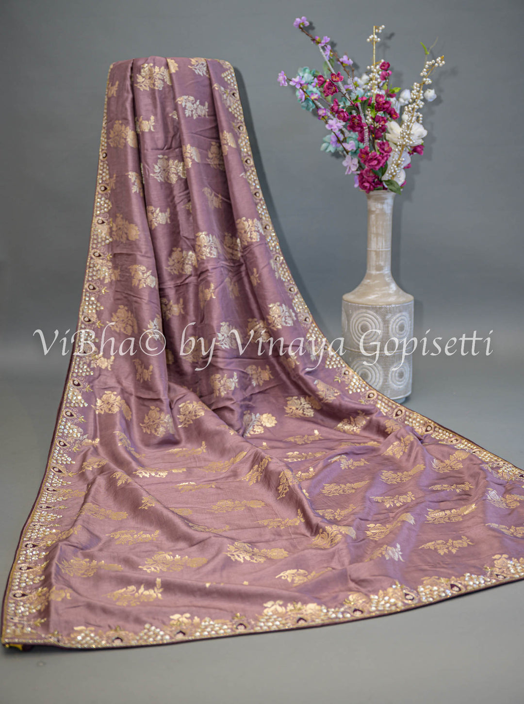 Dark Mauve and Wine Embroidered Silk Saree and Blouse