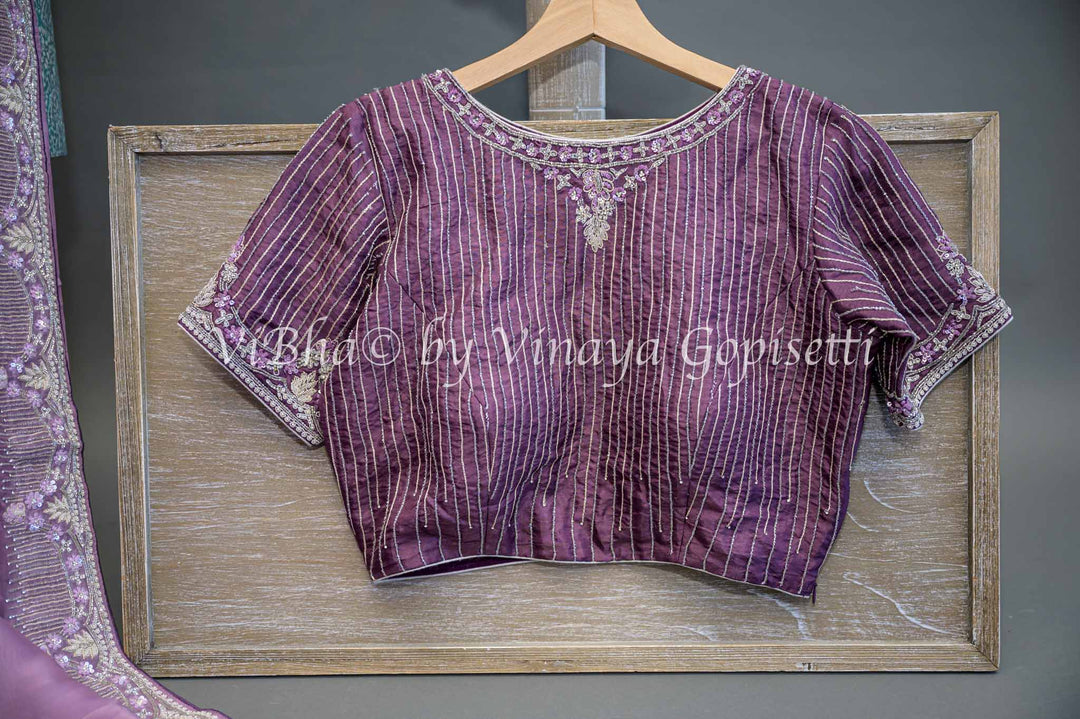 Dark Mauve Embroidered Organza Saree And Blouse