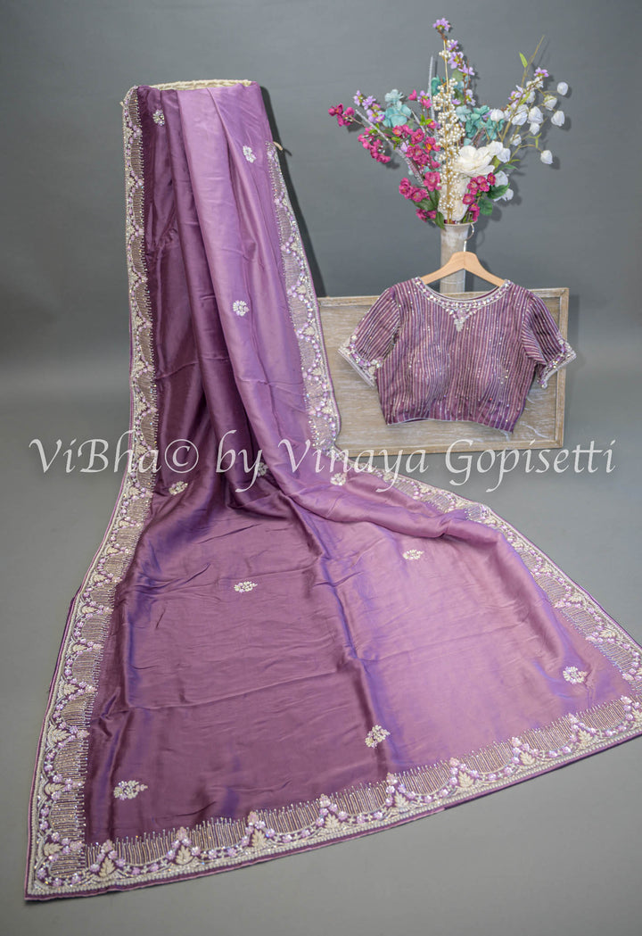 Dark Mauve Embroidered Organza Saree And Blouse