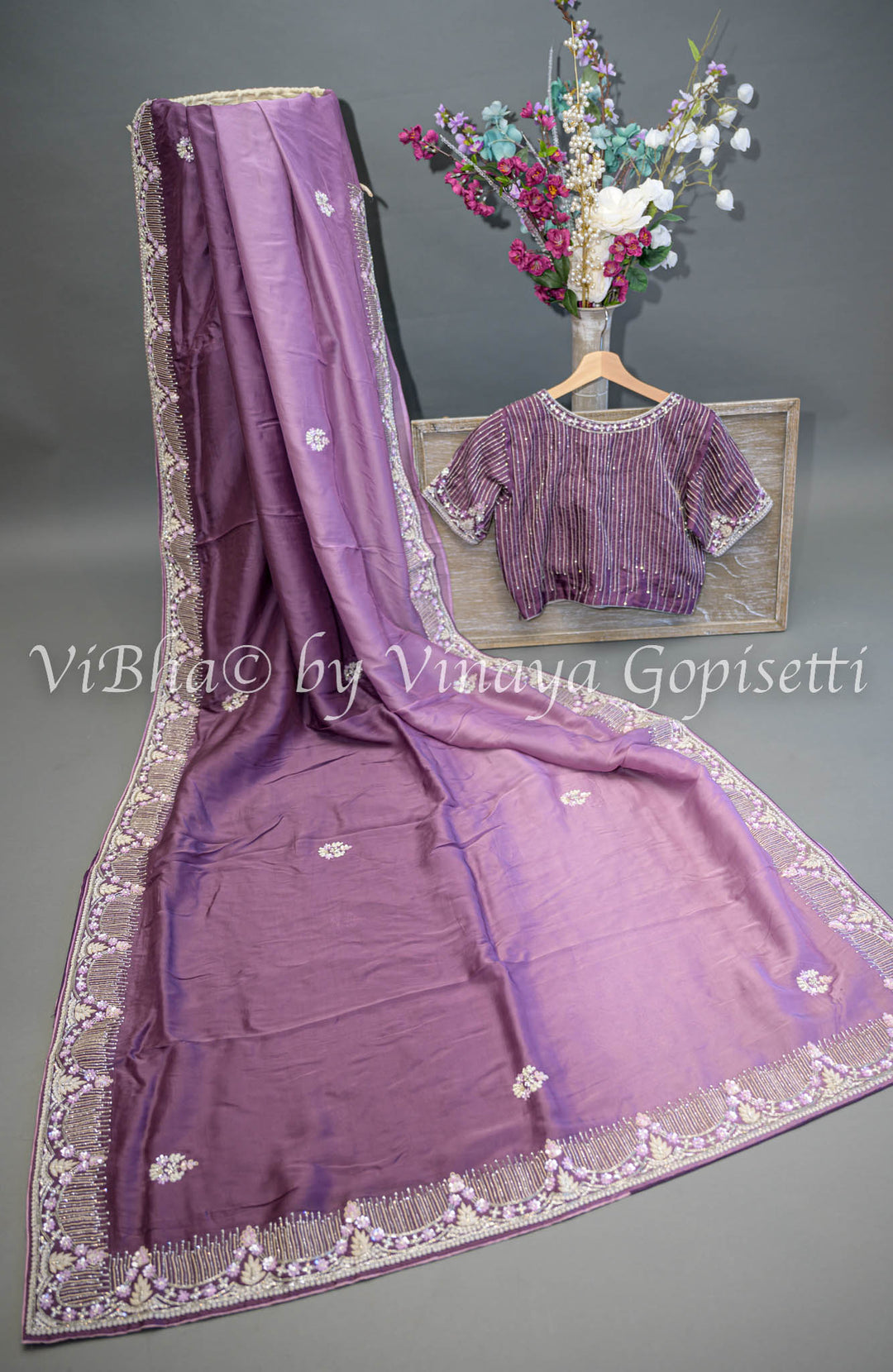 Dark Mauve Embroidered Organza Saree And Blouse