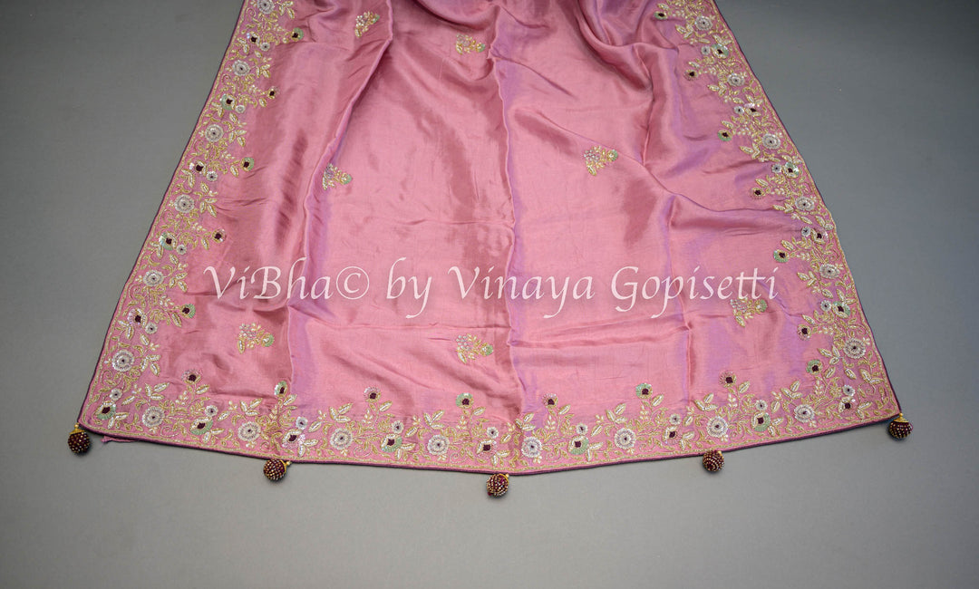 Pink And Wine Embroidered Silk Saree And Blouse