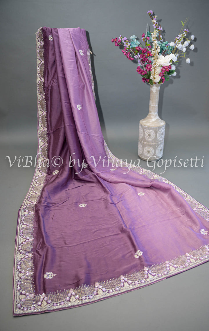 Dark Mauve Embroidered Organza Saree And Blouse