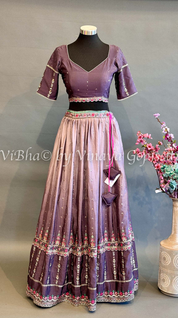 Dark And Light Mauve Embroidered Lehenga Set