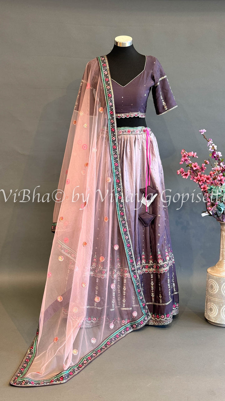 Dark And Light Mauve Embroidered Lehenga Set