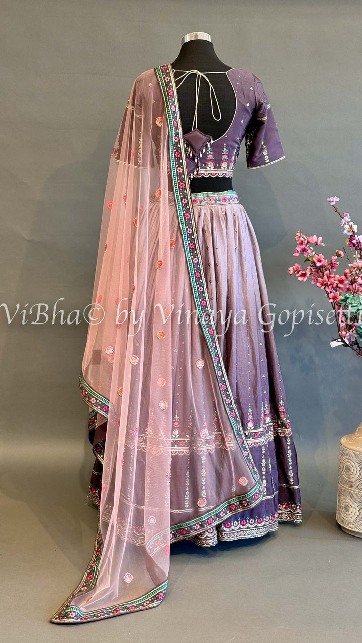 Dark And Light Mauve Embroidered Lehenga Set