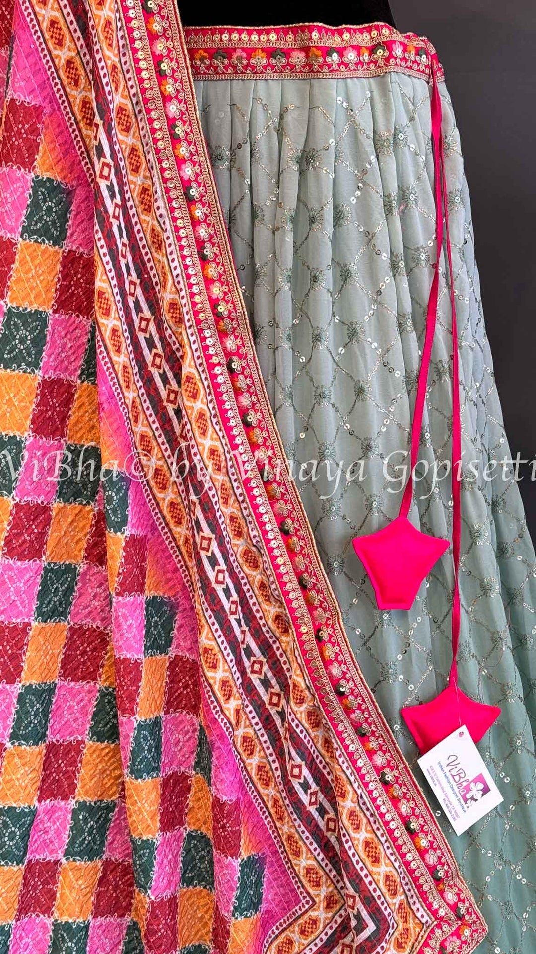 Mint And Hot Pink Embroidered Lehenga Set