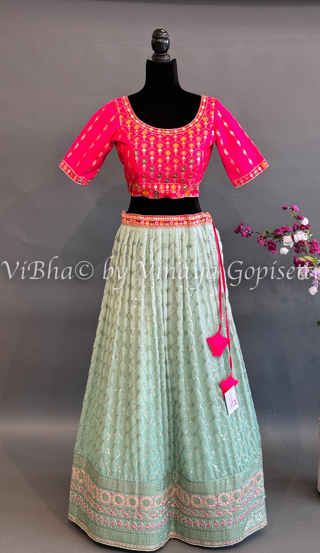 Mint And Hot Pink Embroidered Lehenga Set