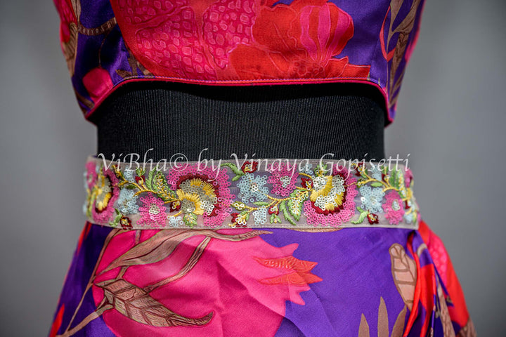 Purple And Pink Floral Print Cowl Skirt With Detachable Cape