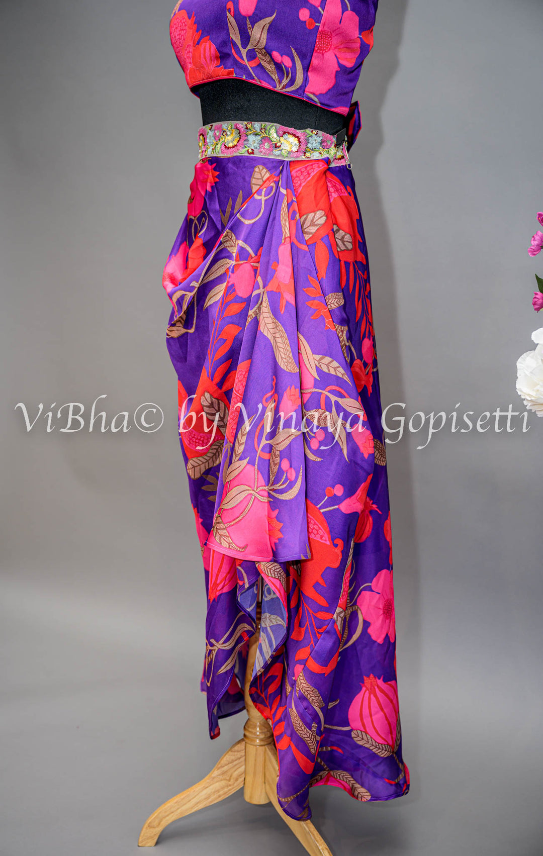 Purple And Pink Floral Print Cowl Skirt With Detachable Cape