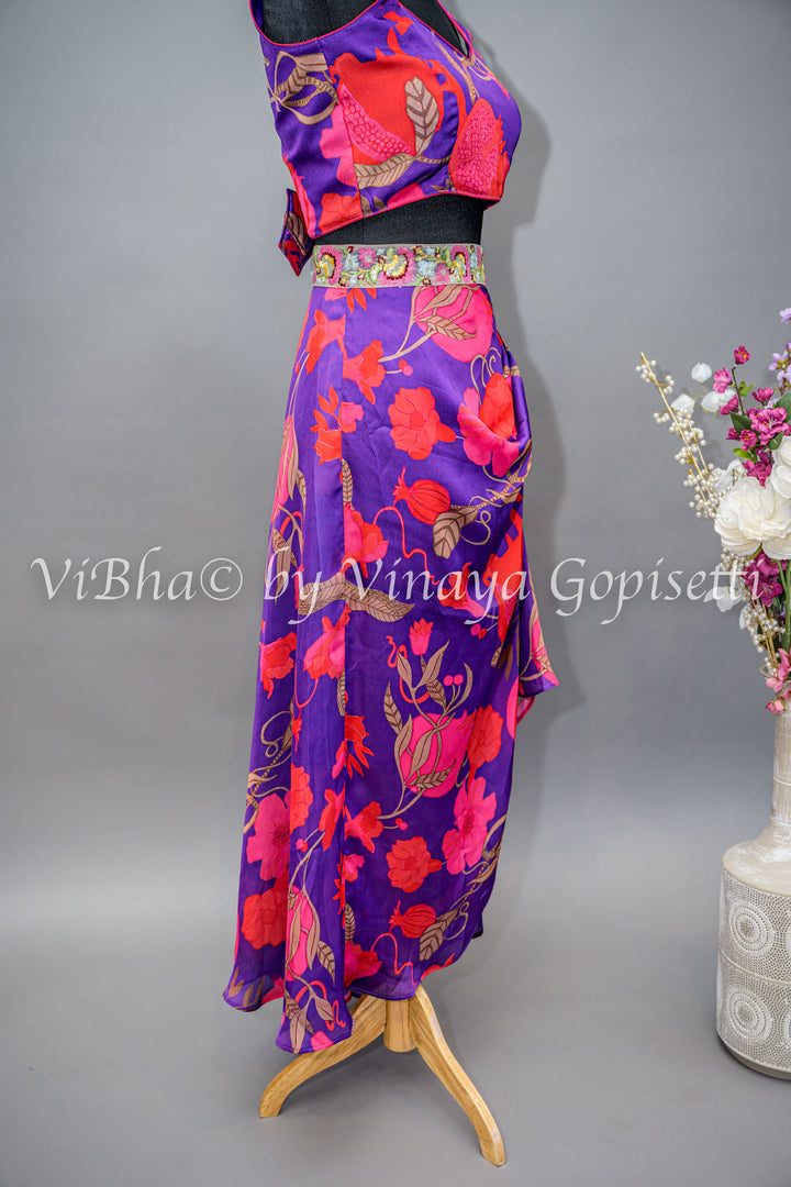 Purple And Pink Floral Print Cowl Skirt With Detachable Cape